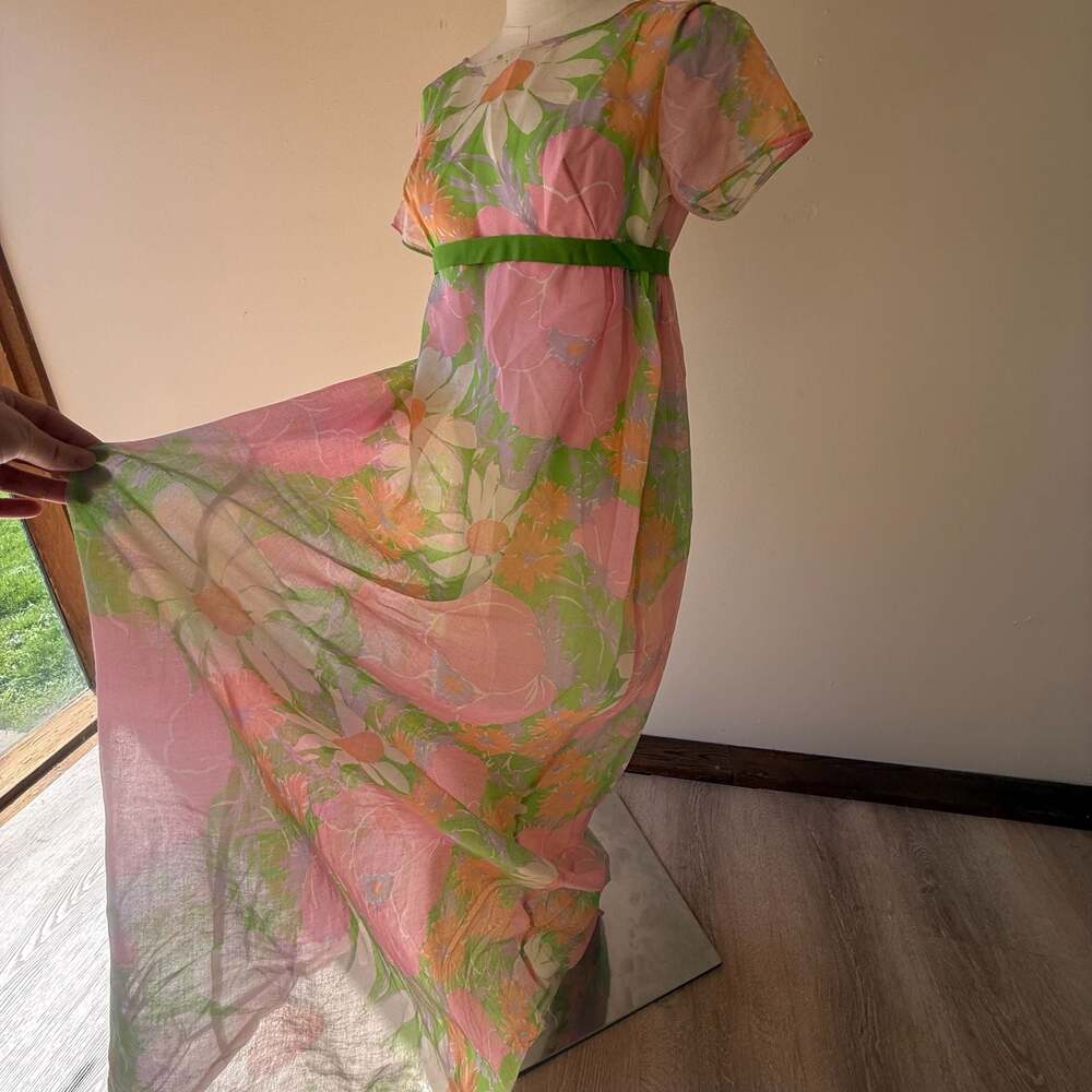 Vintage 1960s Union Label Floral Chiffon Empire Waist Maxi Dress - Picture 7 of 14